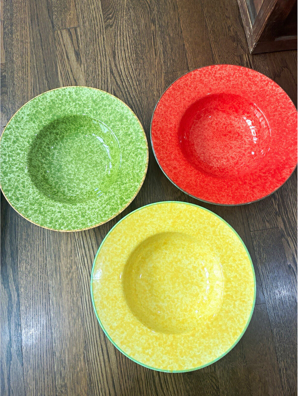 Set of 3 Mottled Spongeware 11.5" Rim Pasta Bowls - Red Green Yellow Stoneware